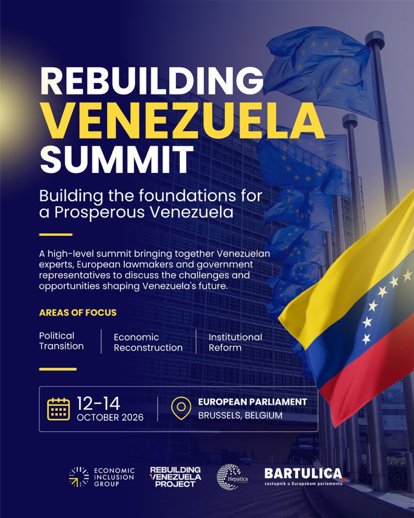 Cartel de la Rebuilding Venezuela Summit en el Parlamento Europeo, Bruselas, del 12 al 14 de octubre de 2026, sobre transición política y reconstrucción de Venezuela.
