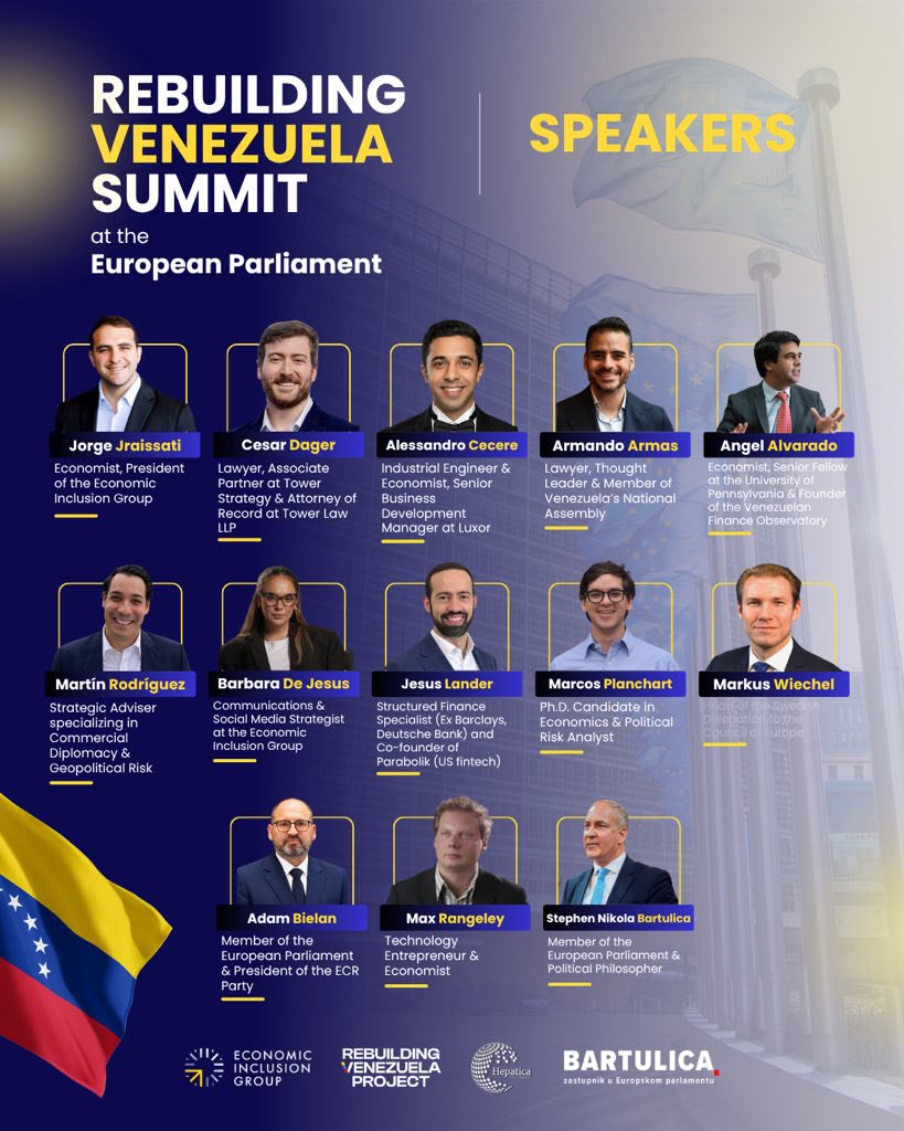 Cartel de ponentes de la Rebuilding Venezuela Summit en el Parlamento Europeo, con Armando Armas, Jorge Jraissati, Ángel Alvarado y otros participantes.