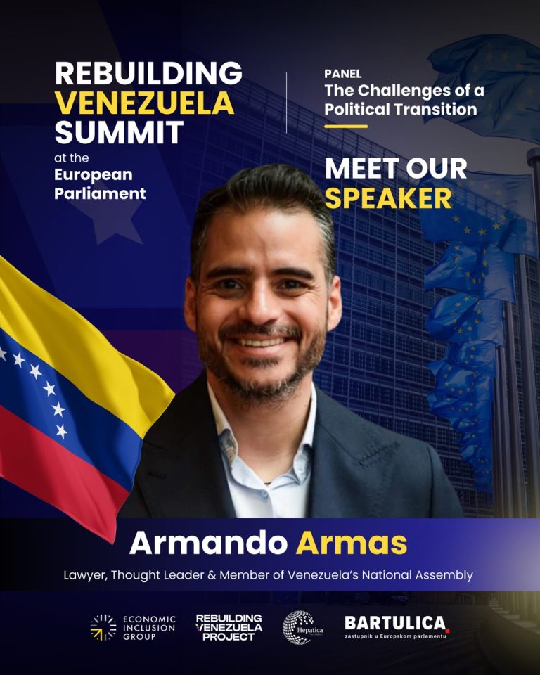 Cartel oficial de Armando Armas como ponente del panel sobre transición política en la Cumbre para la Reconstrucción de Venezuela en el Parlamento Europeo.